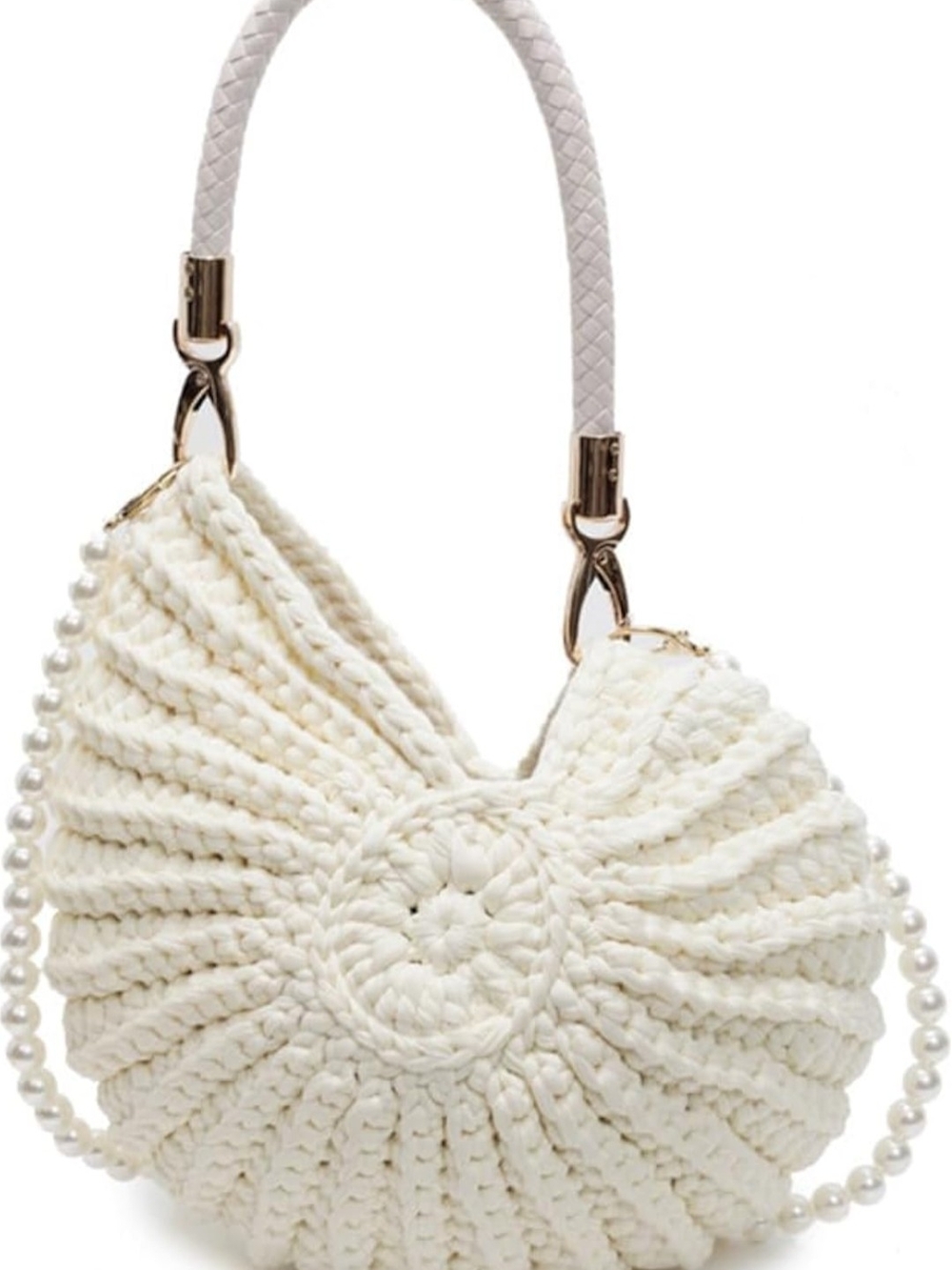 Cream Crochet Shoulder Bag with Pearl Accent